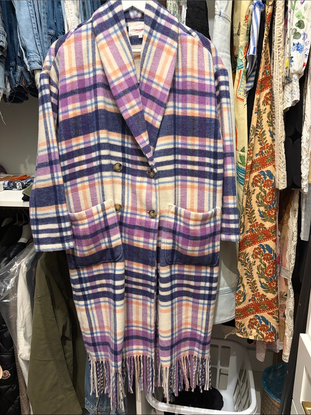 Double-Breasted Plaid Fringe Coat in Blue, Purple & Cream